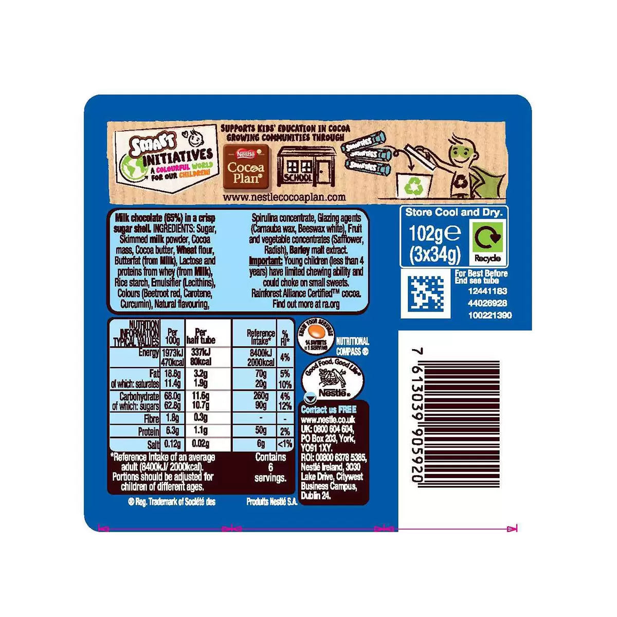 Nestle Smarties Tube 3 x 34g x 16