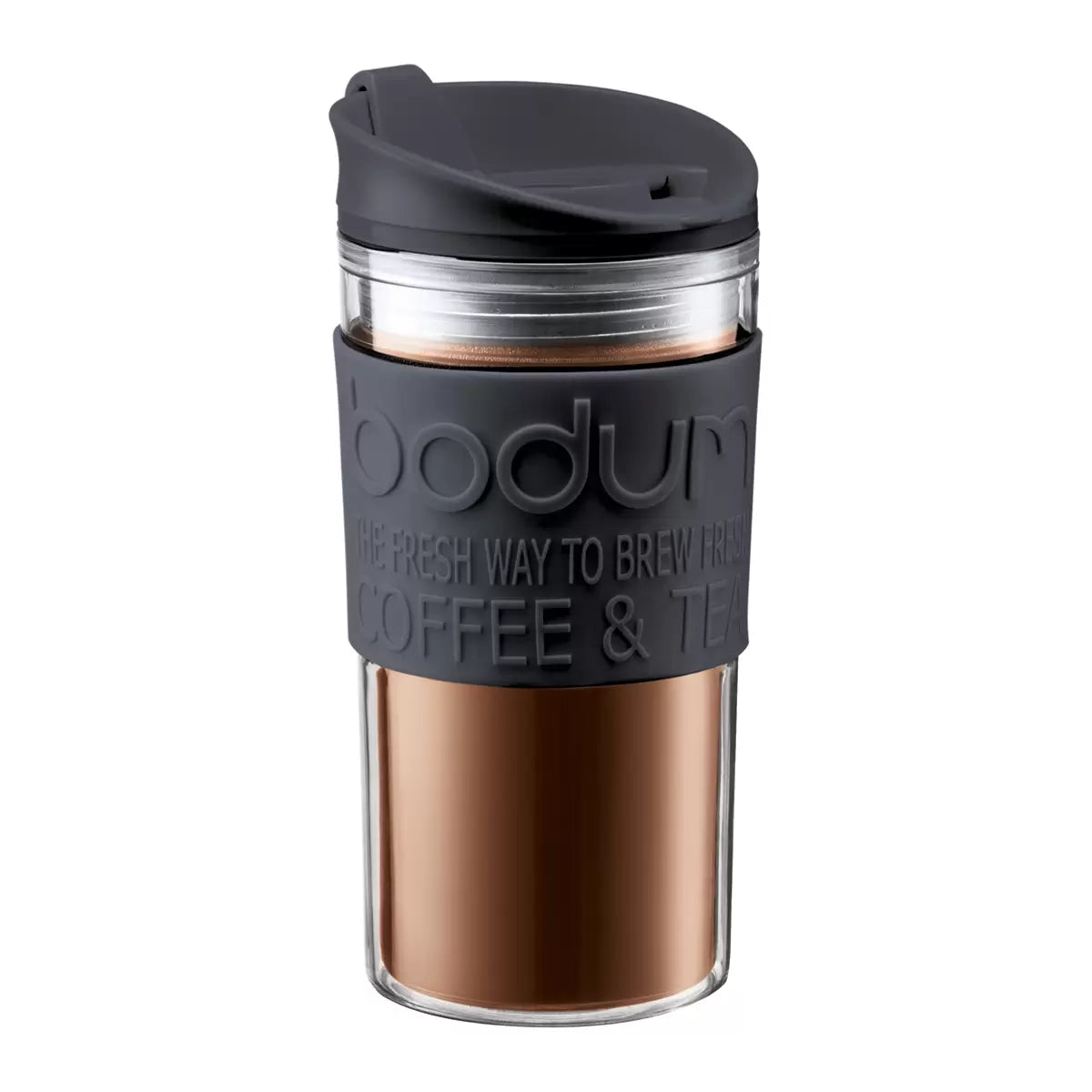 Bodum travel mug with black lid and handle on a white background