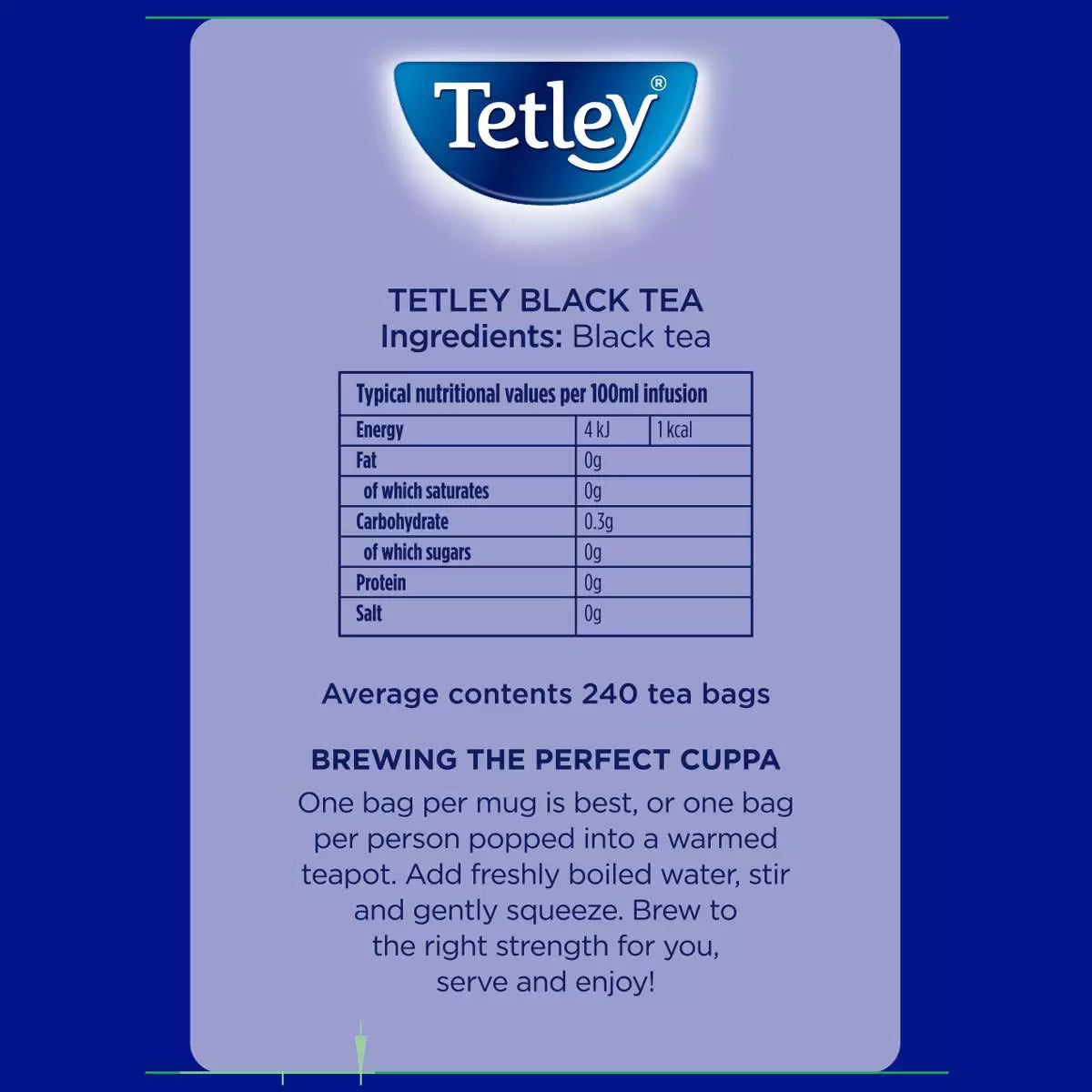 Tetley Black Tea label with nutritional information and brewing instructions on a blue background