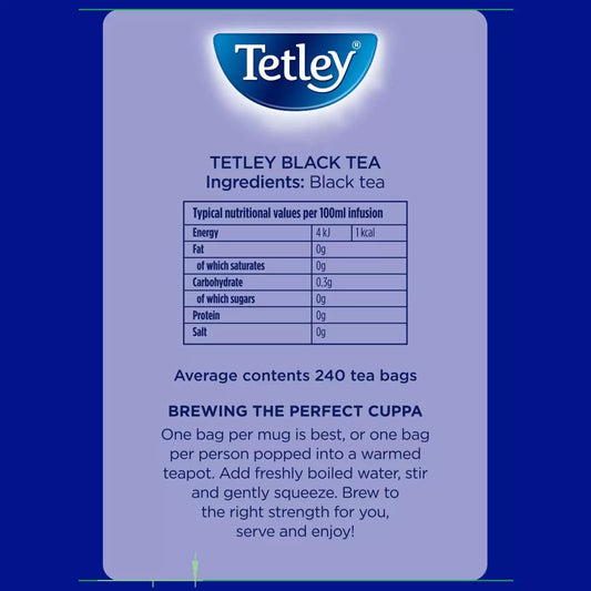 Tetley Black Tea label with nutritional information and brewing instructions on a blue background