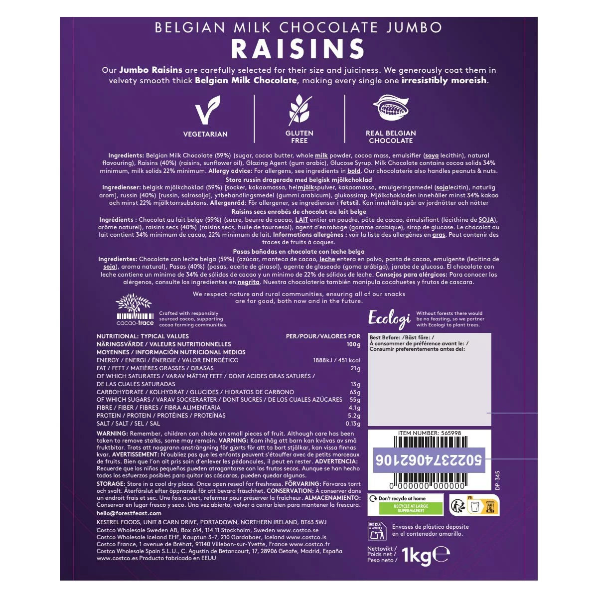 Forest Feast Milk Chocolate Covered Raisins, 1kg