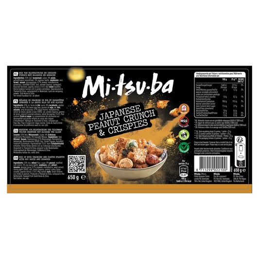 Mitsuba Japanese Peanut Crunch & Crispies packaging with product image and text on a black background
