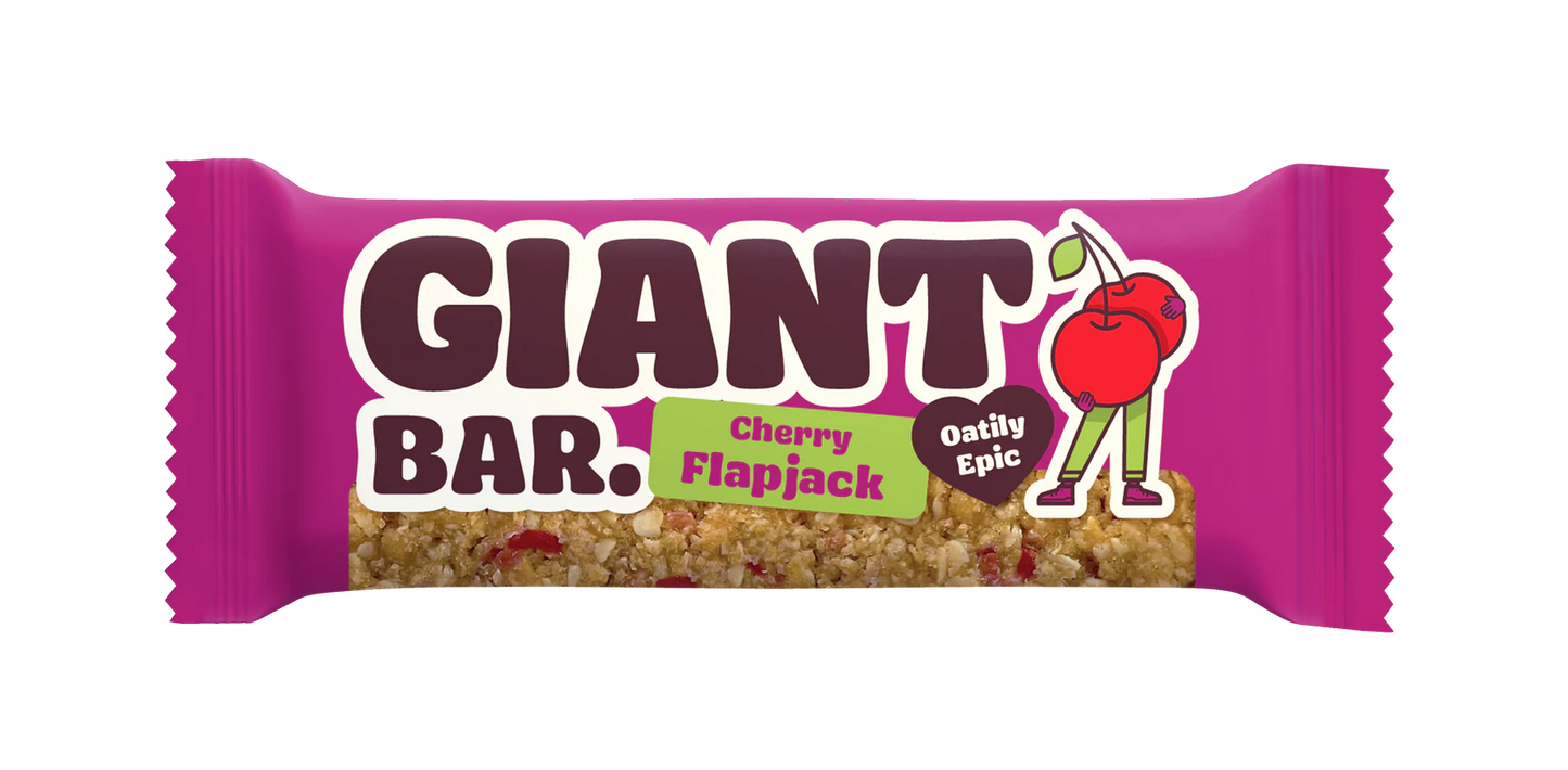 Giant Bar Cherry Flapjack packaging with a pink background
