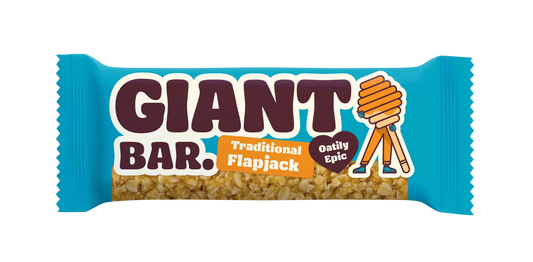 Giant Bar traditional flapjack packaging with blue and brown design.