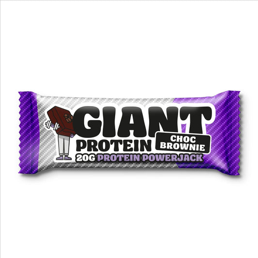 Protein bar packaging with purple and white design on a white background