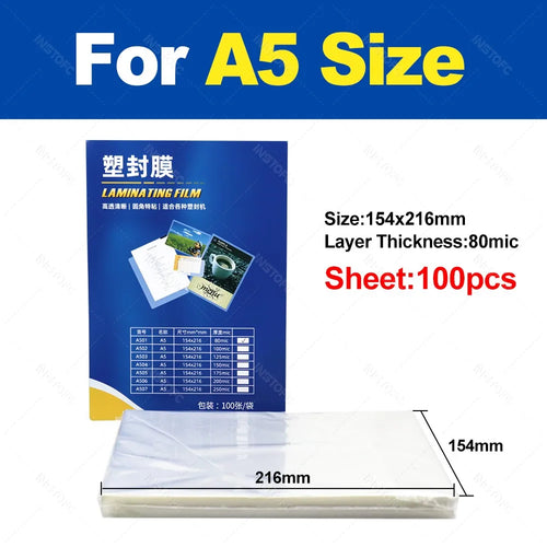 100 Pack A4/A5/A6/2R/3R/4R Laminating Film Sheets 80Mic Clear Round