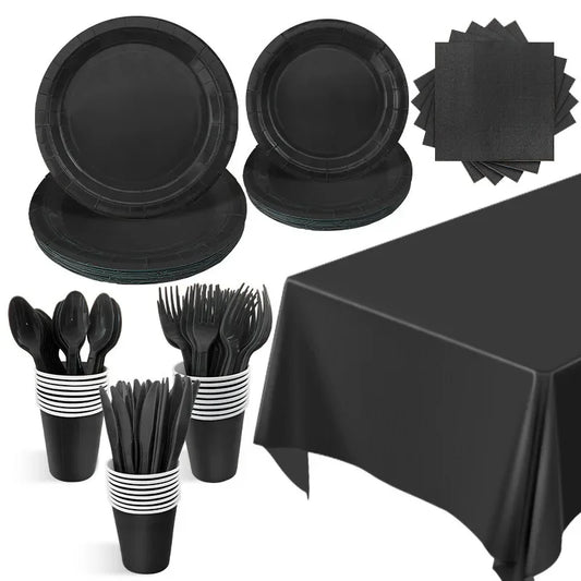 Solid Black Theme Tableware Party Disposable Cutlery Paper