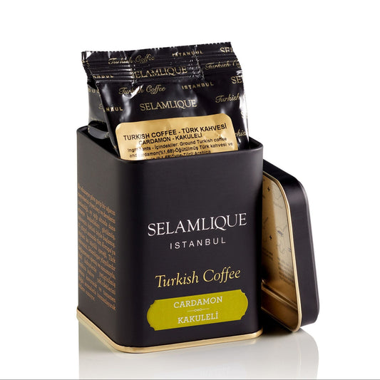 Selamlique Istanbul Turkish Coffee packaging with coffee packets on a white background