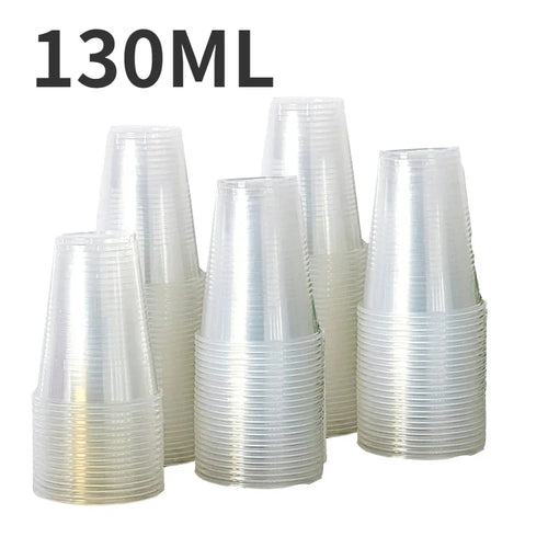 Stacks of clear plastic cups with '130ML' text on a white background