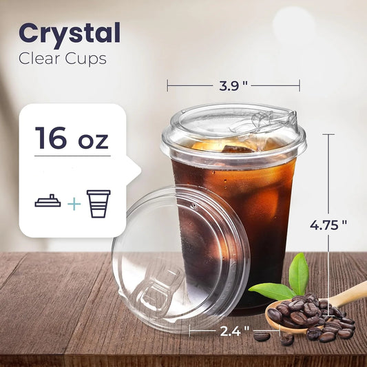 10 Sets Clear Plastic Cups with Sip Lids – 12/16/20 oz Disposable Drink Cups