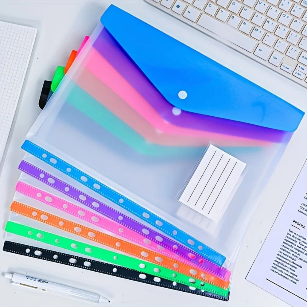 6pcs Plastic Envelope With Adhesive Snaps & 11 Holes File Folder