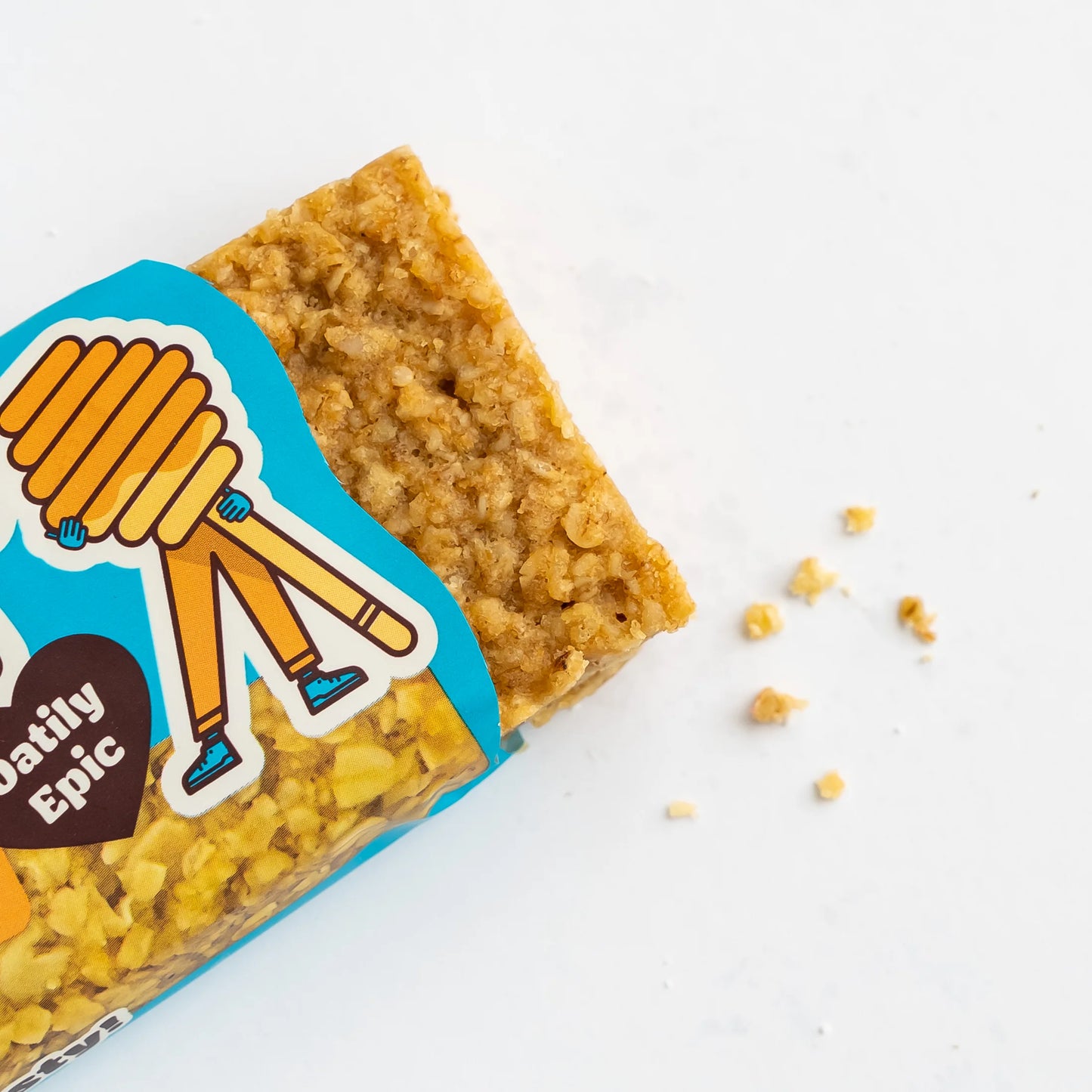 Cereal bar with a blue and yellow label on a white background