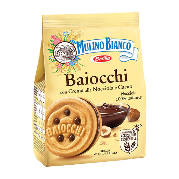 Mulino Bianco Baiocchi cookie package with a cookie and chocolate on a white background