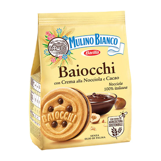 Mulino Bianco Baiocchi cookie package with a cookie and chocolate on a white background
