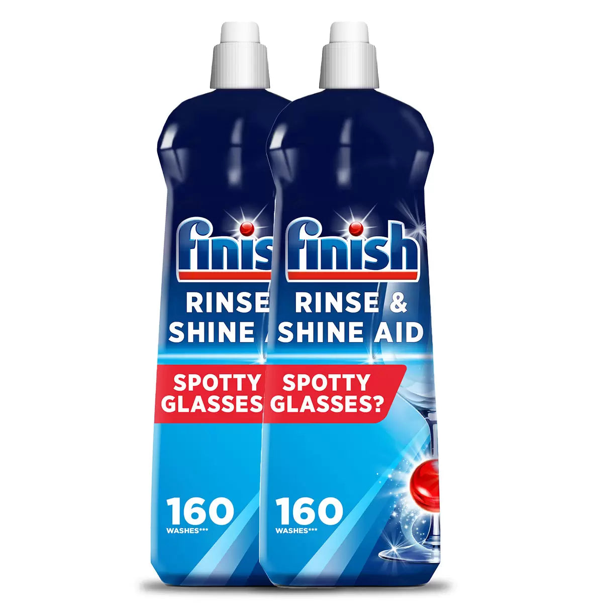 Two bottles of Finish Rinse & Shine Aid on a white background