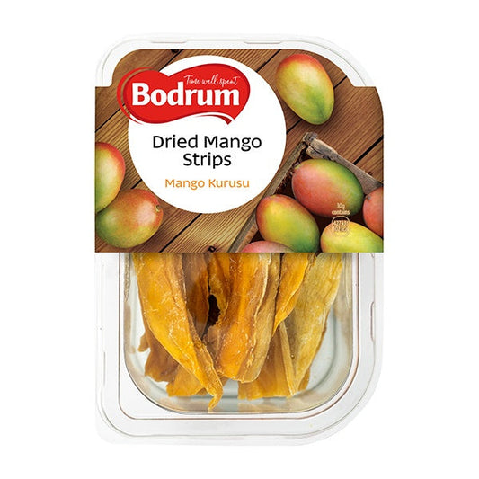Packaged dried mango strips with Bodrum branding on a white background
