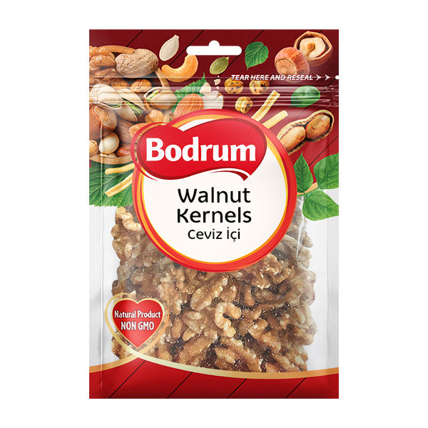 Packaging of Bodrum Walnut Kernels with a red and white design.
