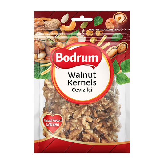 Packaging of Bodrum Walnut Kernels with a red and white design.