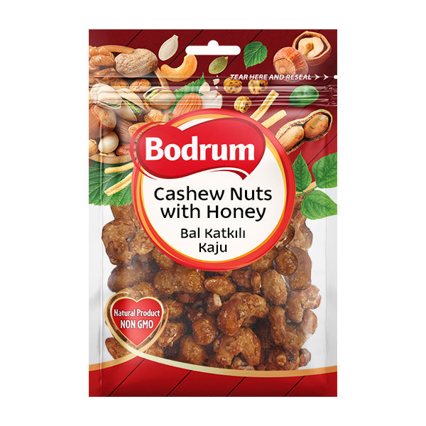 Packaging of Bodrum Cashew Nuts with Honey on a white background