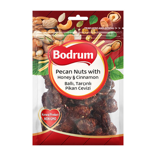 Packaging of Bodrum pecan nuts with honey and cinnamon on a white background