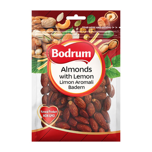 Packaging of Bodrum almonds with lemon on a white background