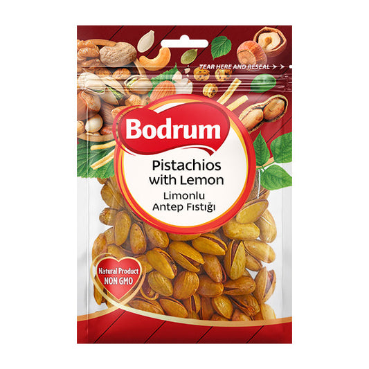 Packaging of Bodrum pistachios with lemon on a white background