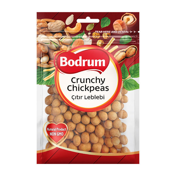 Packaging of Bodrum Crunchy Chickpeas with a red and white design.