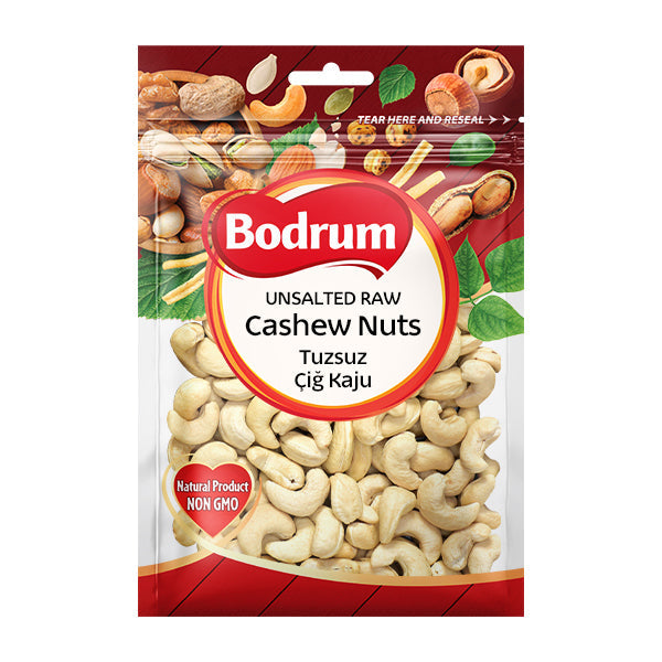 Packaging of Bodrum unsalted raw cashew nuts on a white background