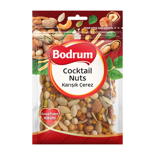 Packaging of Bodrum Cocktail Nuts with a red label and images of mixed nuts on a white background.