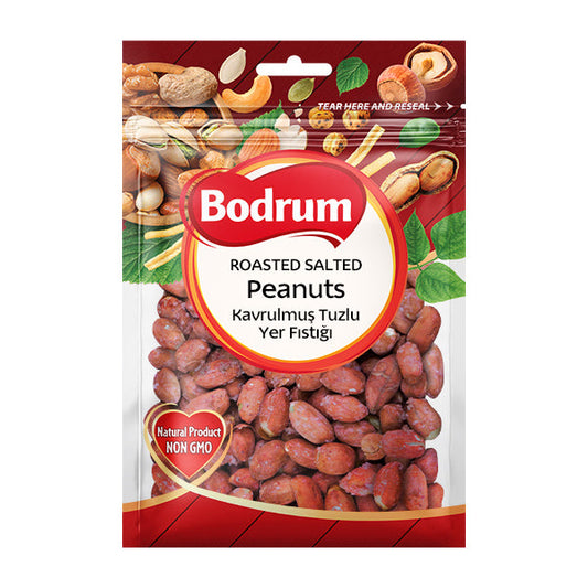 Packaging of Bodrum roasted salted peanuts on a white background