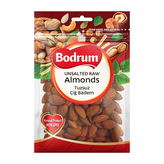 Packaging of Bodrum unsalted raw almonds on a white background