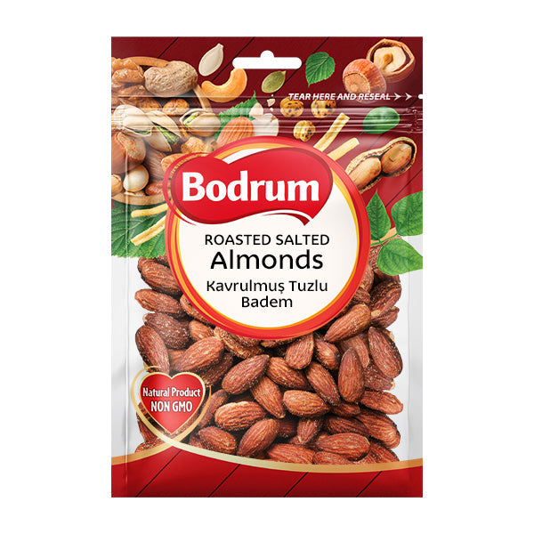 Packaging of Bodrum roasted salted almonds on a white background