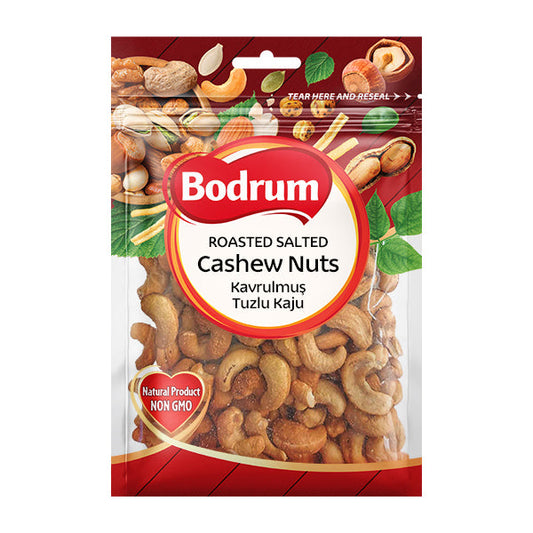 Packaging of Bodrum roasted salted cashew nuts on a white background