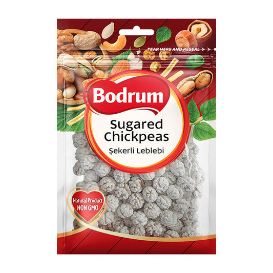 Packaging of Bodrum sugared chickpeas with a red and white design.