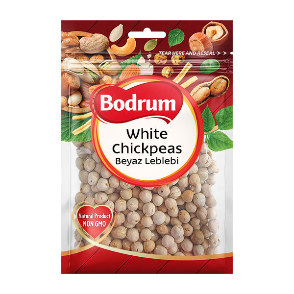 Packaging of Bodrum White Chickpeas with a red and white design.