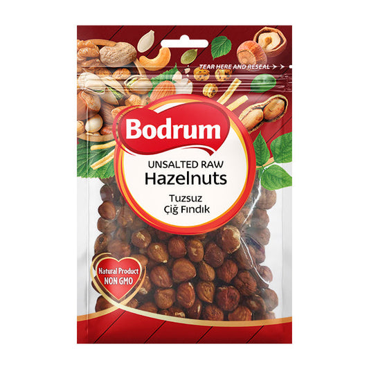 Packaging of Bodrum unsalted raw hazelnuts on a white background