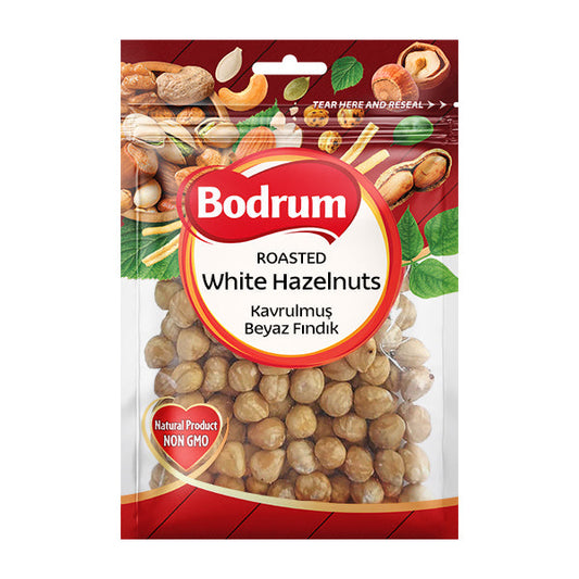 Packaging of Bodrum roasted white hazelnuts on a white background