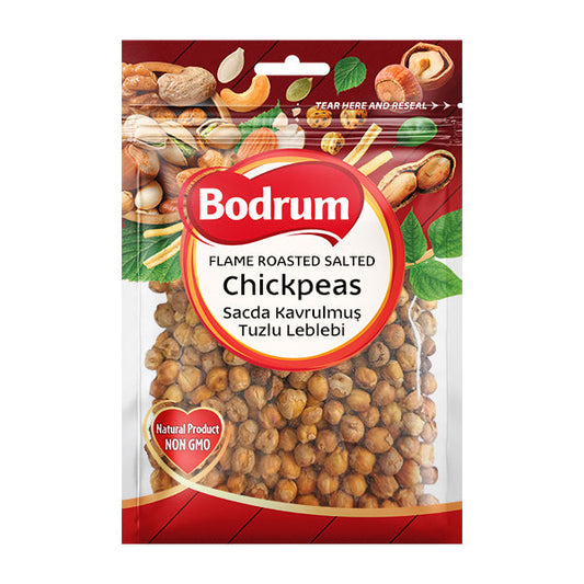 Packaging of Bodrum flame roasted salted chickpeas on a white background