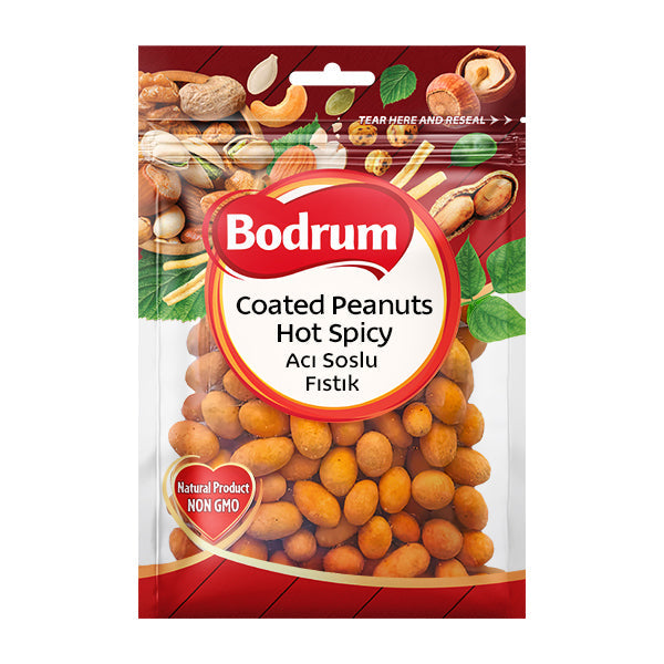 Packaging of Bodrum Coated Peanuts Hot Spicy on a white background