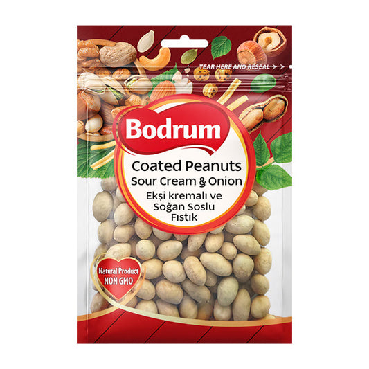 Packaging of Bodrum Coated Peanuts Sour Cream & Onion flavor on a white background