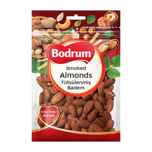 Packaging of Bodrum Smoked Almonds on a white background