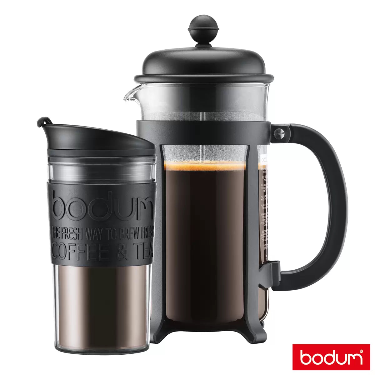 Bodum coffee press with a travel mug on a white background
