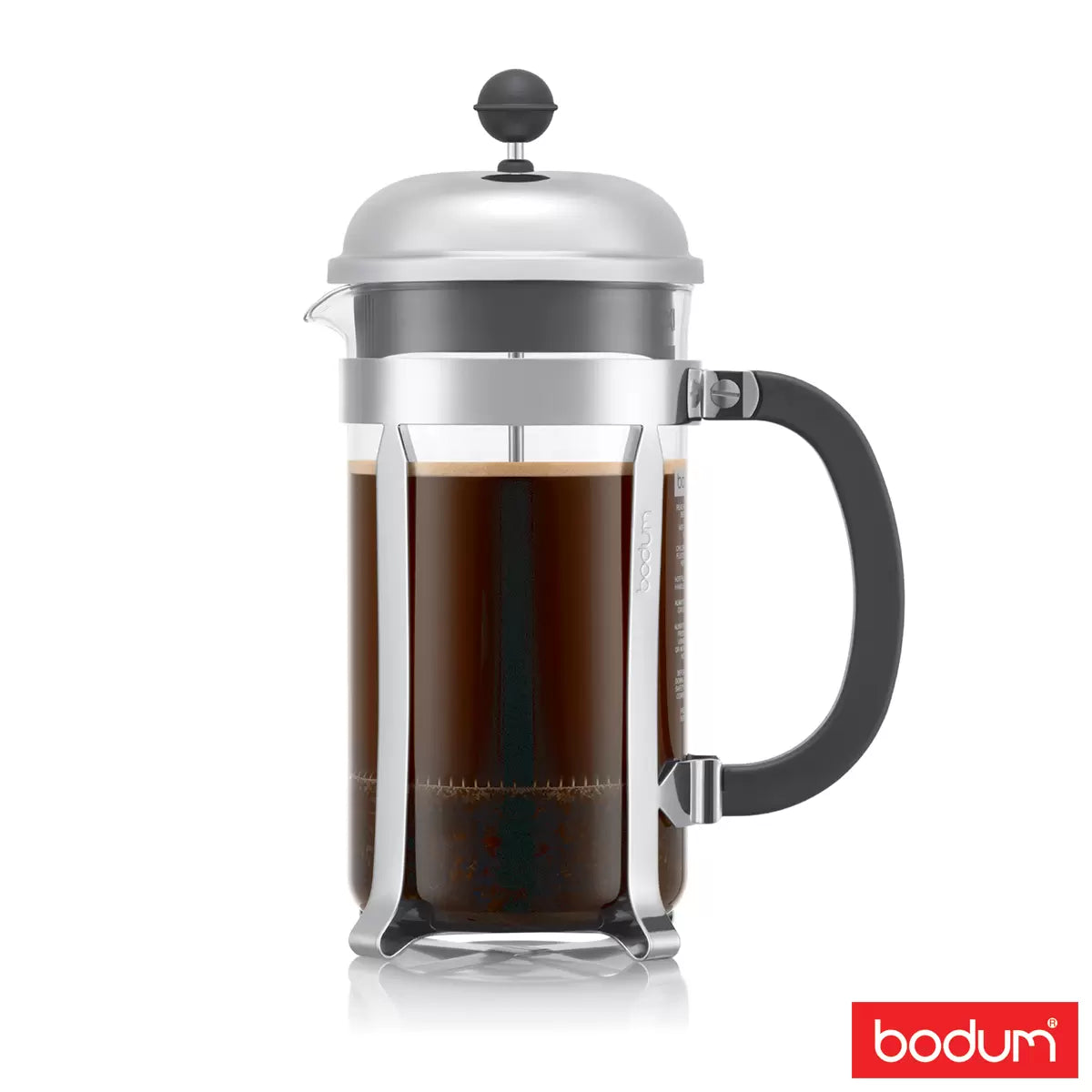 French press with coffee on a white background, featuring the Bodum logo.