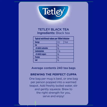 Tetley Black Tea label with nutritional information and brewing instructions on a blue background