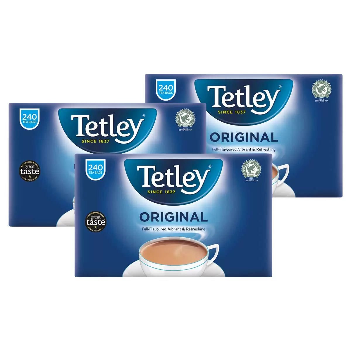Three boxes of Tetley Original tea on a white background