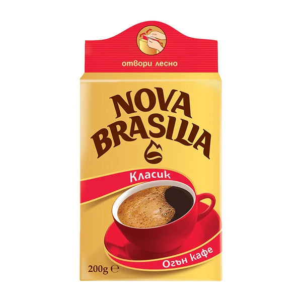 Nova Brasilia coffee packaging with a red and yellow design on a white background