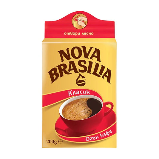 Nova Brasilia coffee packaging with a red and yellow design on a white background