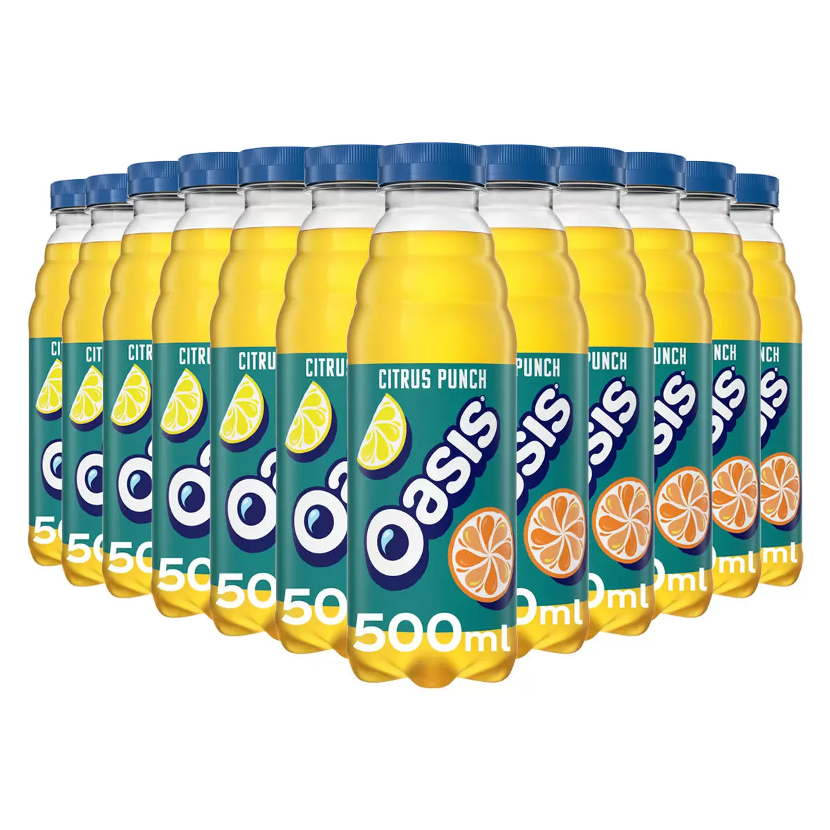 Multiple bottles of Oasis Citrus Punch on a white background