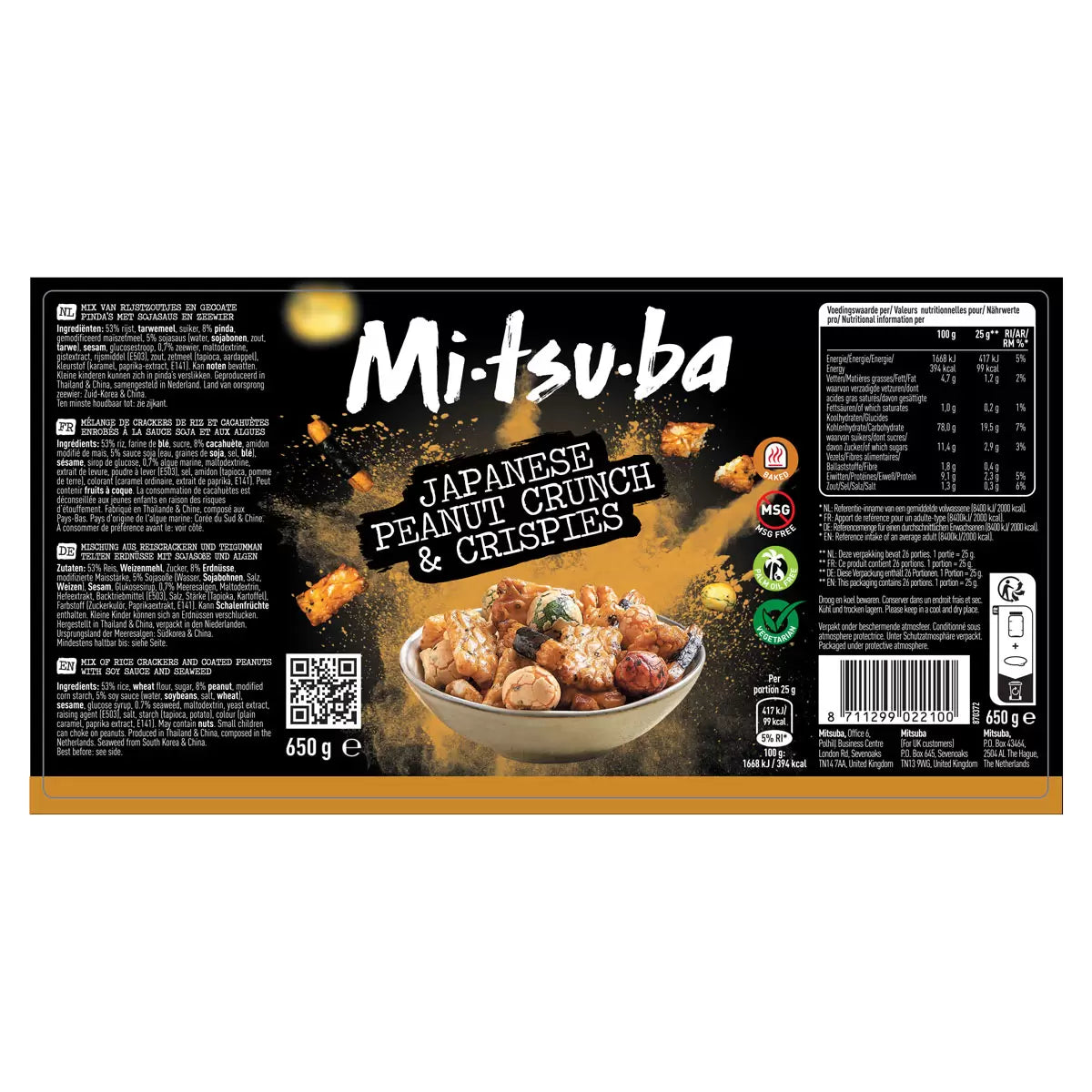 Mitsuba Japanese Peanut Crunch & Crispies packaging with product image and text on a black background