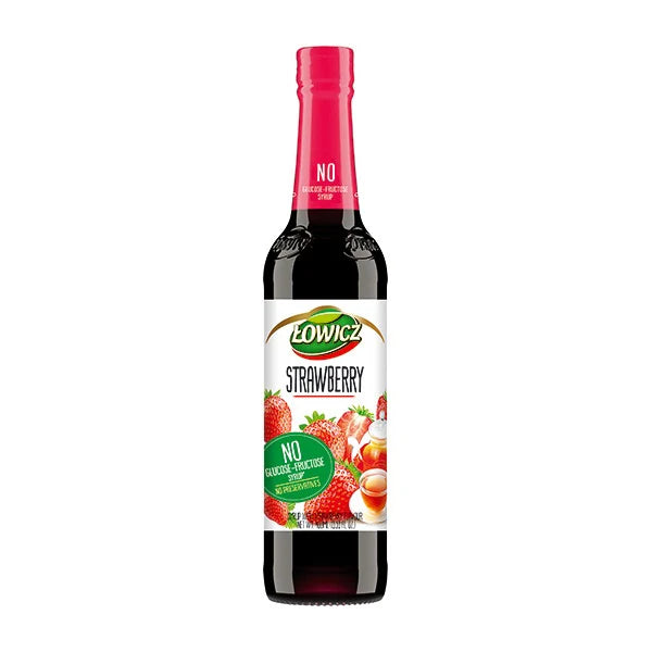 Bottle of Strawberry syrup with a red cap on a white background